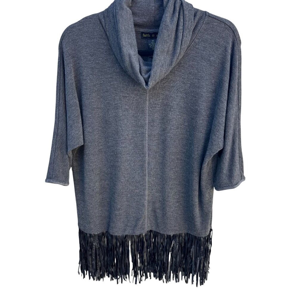 Faith & Zoe Womens Boho Gray‎ Fringe Cowl Neck 3/4 Sleeve Knit Tunic Sweater XS